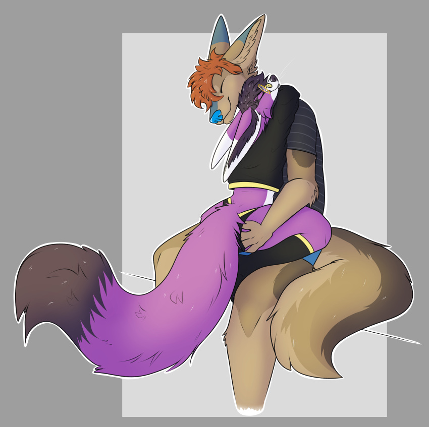 2022 absurd_res anthro big_ears blue_markings canid canine clothed clothing cuddling cyote digital_drawing_(artwork) digital_media_(artwork) duo embrace eyewear female fennec fluffy_hypocrite fox fur glasses hair hi_res hug k legwear male male/female male/male mammal markings panties purple_body purple_fur red_hair simple_background smile sweater tail_markings thigh_highs topwear underwear