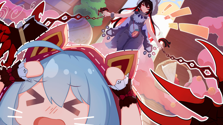 &gt;o&lt; absurdres ahoge animal_costume arms_up bangs basket black_hair blue_hair breasts chain cosplay dress gloves grimm's_fairy_tales griseo hair_ornament highres honkai_(series) honkai_impact_3rd large_breasts little_red_riding_hood_(grimm) little_red_riding_hood_(grimm)_(cosplay) long_hair multicolored_hair open_mouth picnic_basket red_eyes red_gloves red_hair seele_(alter_ego) seele_vollerei seele_vollerei_(starchasm_nyx) smile tongling two-tone_hair wolf_costume