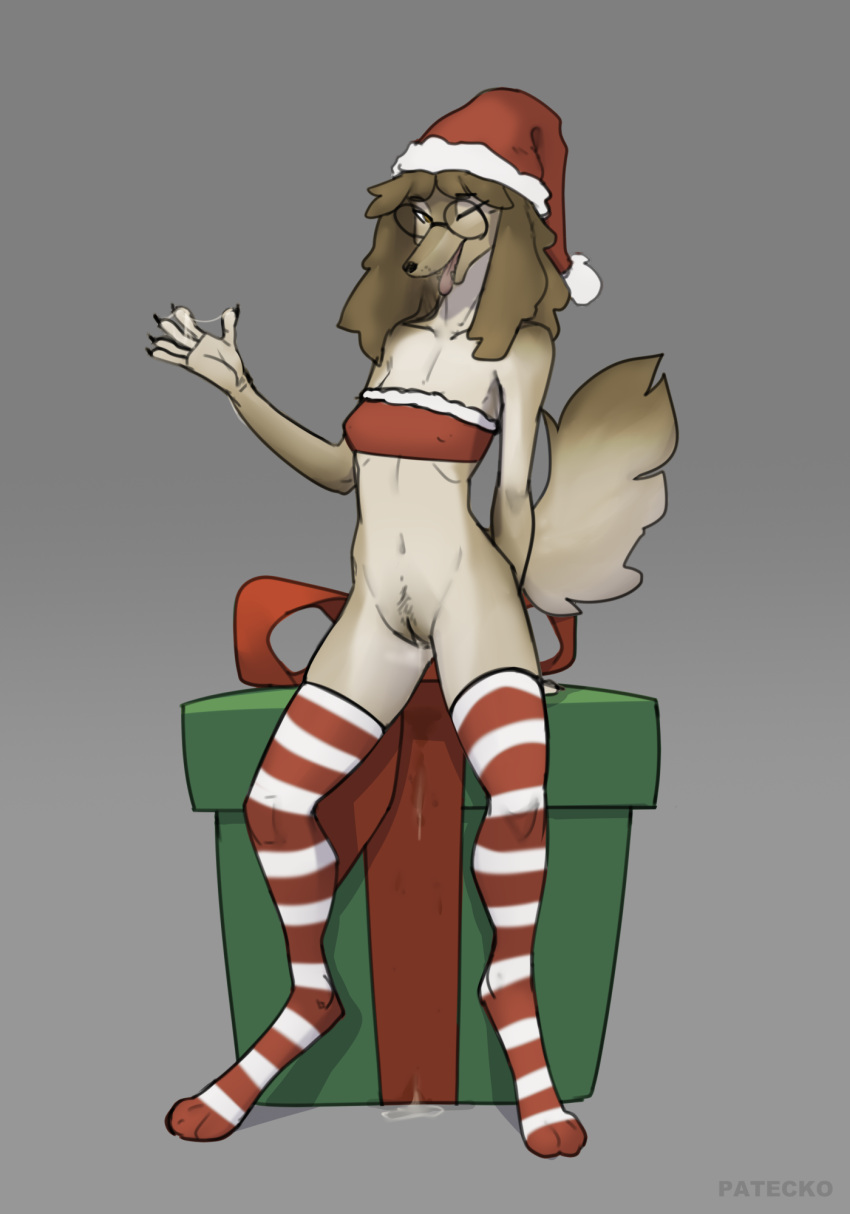 2022 anthro biped bodily_fluids breasts brown_hair canid canine canis christmas christmas_clothing christmas_headwear clothed clothing digital_media_(artwork) digitigrade domestic_dog eyewear female fur genital_fluids genitals gift glasses grey_background hair hat headgear headwear hi_res holidays legwear looking_at_viewer mammal one_eye_closed open_mouth patecko paws poodle pussy pussy_juice pussy_juice_string round_glasses santa_hat simple_background small_breasts solo tan_body tan_fur thigh_highs wink winking_at_viewer
