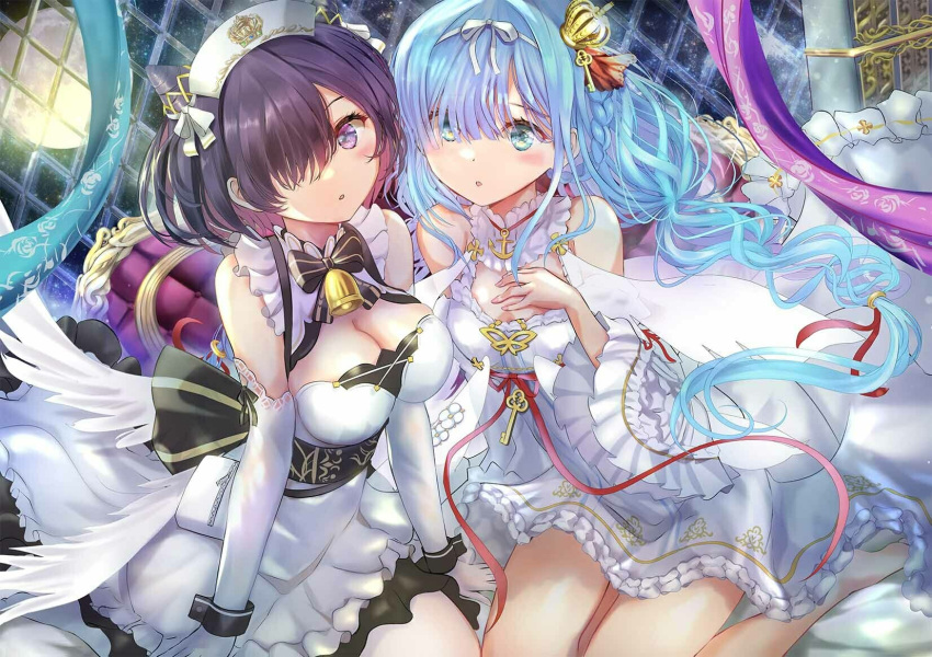 2girls artist_request azur_lane bangs bare_shoulders bell black_bow black_bowtie blue_eyes blue_hair blush bow bowtie braid breasts cleavage cone_hair_bun crown detached_collar dress elbow_gloves frilled_dress frills gloves hair_between_eyes hair_bun hair_over_one_eye hair_ribbon hand_up hat highres janus_(azur_lane) jervis_(azur_lane) long_hair looking_at_viewer low_twintails medium_breasts mini_crown multiple_girls neck_bell nurse_cap official_art open_mouth pantyhose purple_eyes purple_hair ribbon short_hair sidelocks sitting sleeveless sleeveless_dress small_breasts thighs twintails white_dress white_gloves white_pantyhose white_ribbon