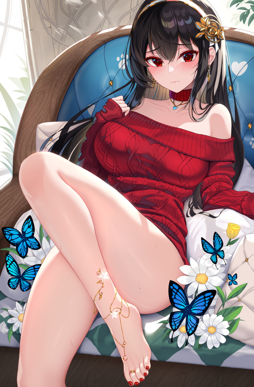 1girl bangs bare_legs barefoot black_hair blue_butterfly blush breasts bug butterfly choker closed_mouth damao_yu earrings flower hair_between_eyes hair_flower hair_ornament hairband highres jewelry knee_up large_breasts long_hair looking_at_viewer nail_polish off-shoulder_sweater off_shoulder red_choker red_eyes red_nails red_sweater solo spy_x_family sweater toe_ring toenail_polish toenails white_flower white_hairband yor_briar