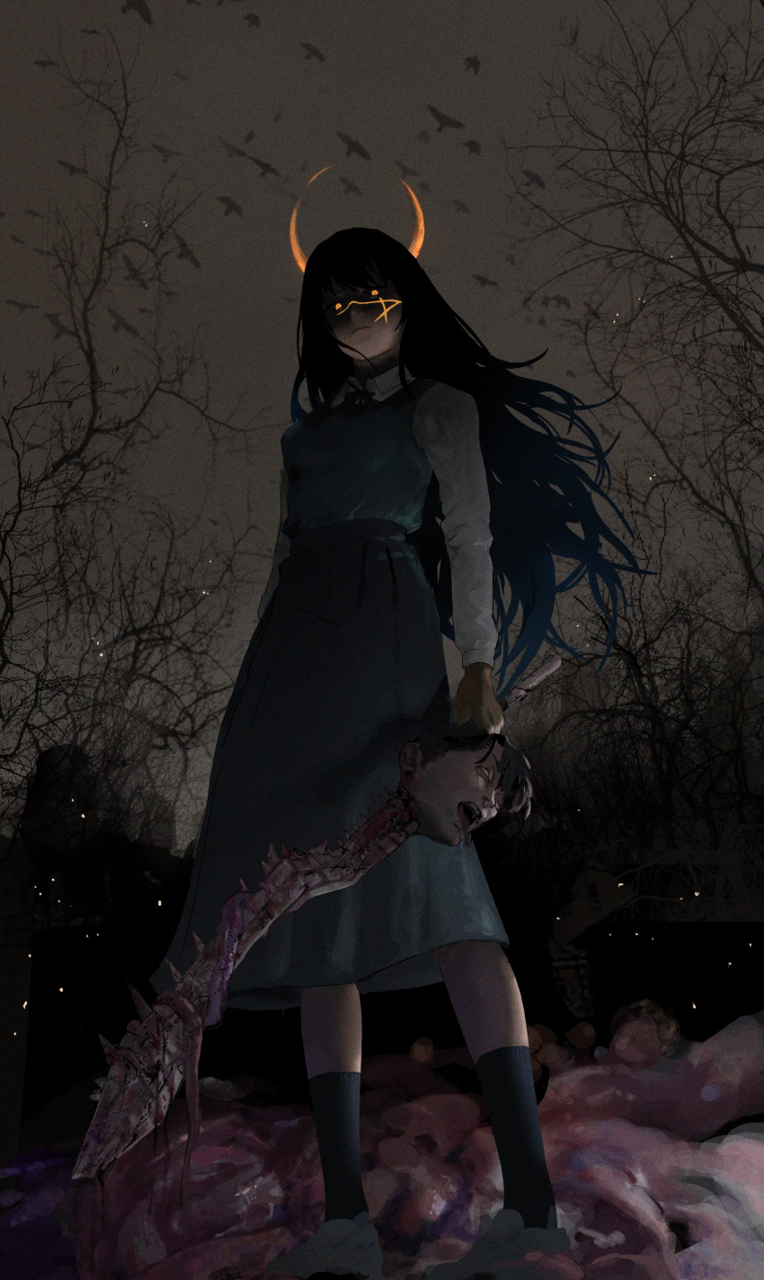 1girl absurdres bare_tree bird black_hair chainsaw_man crescent cross_scar dark dress eyes_in_shadow glowing glowing_eyes grey_sky highres holding holding_sword holding_weapon horns intestines long_hair looking_at_viewer mon_(icebuko) night night_sky open_mouth pinafore_dress ringed_eyes scar scar_on_cheek scar_on_face severed_head shaded_face short_hair sky spine sword tongue tongue_out tree weapon yellow_eyes yoru_(chainsaw_man)