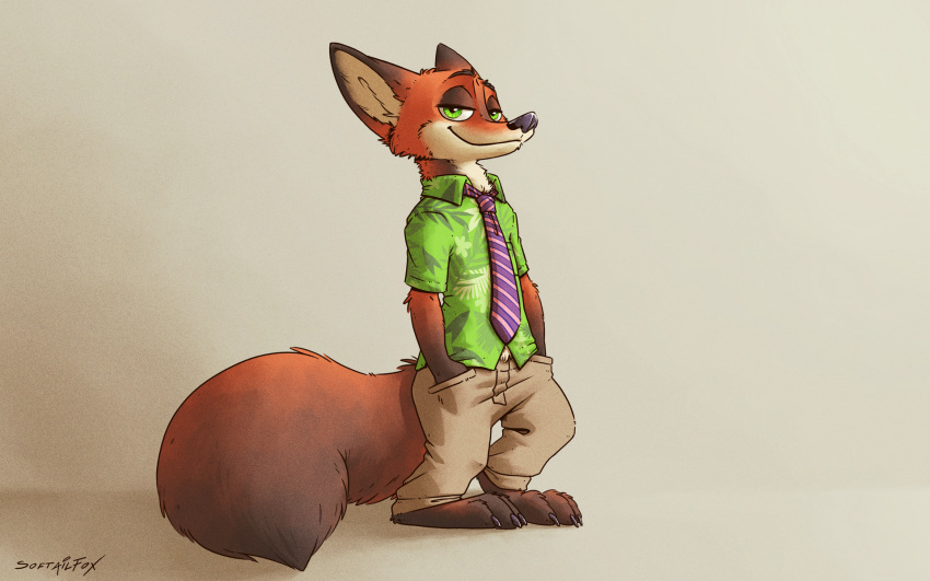 big_ears big_eyes big_tail bottomwear clothing dark_body dark_fur disney eyebrows fluffy fluffy_tail fur green_clothing green_eyes green_shirt green_topwear hi_res long_tail necktie nick_wilde orange_body orange_fur pants pattern_clothing pattern_shirt pattern_topwear paws purple_necktie red_body red_fur shirt smile smiling_at_viewer softailfox tan_body tan_bottomwear tan_clothing tan_fur tan_pants topwear tropical_shirt zootopia