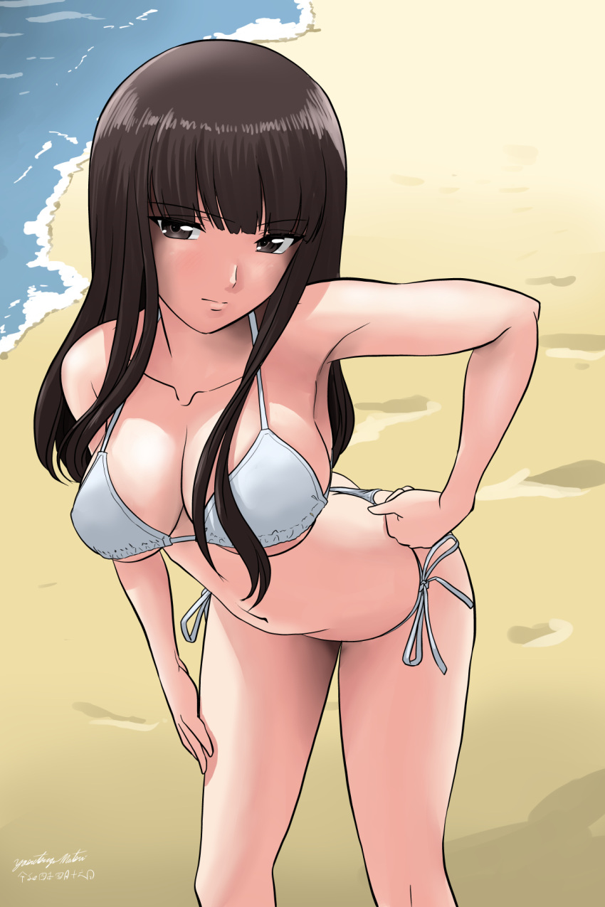 1girl ass beach bikini black_hair blush breasts brown_eyes cleavage closed_mouth collarbone girls_und_panzer hand_on_hip highres large_breasts long_hair looking_at_viewer matsui_yasutsugu navel nishizumi_shiho ocean outdoors shiny shiny_hair side-tie_bikini_bottom solo swimsuit thong_bikini white_bikini