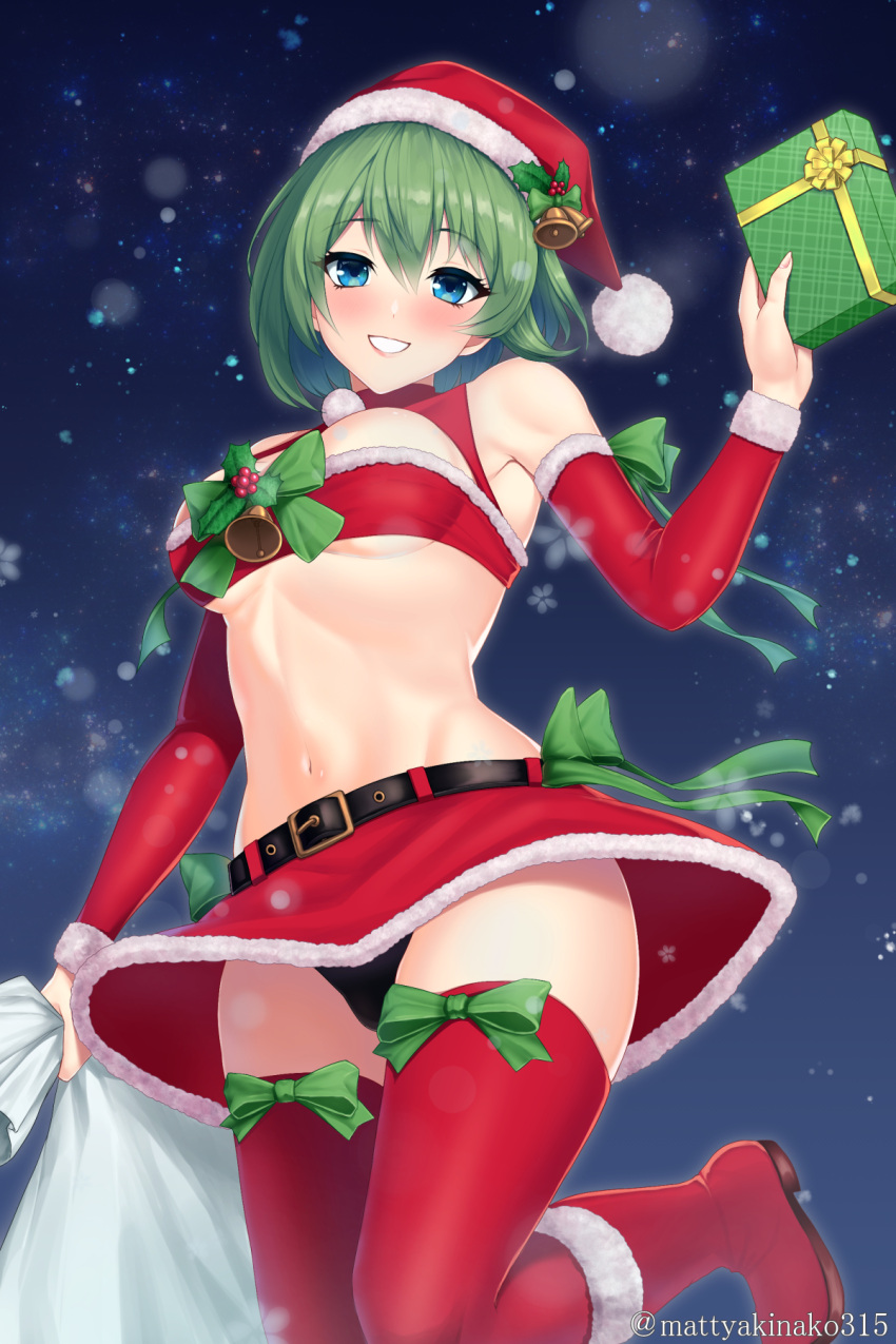 1girl alternate_costume bangs bell belt black_belt black_panties blue_eyes blush boots bow bow_legwear breasts christmas christmas_present commentary_request detached_sleeves foot_out_of_frame fur-trimmed_bandeau fur-trimmed_boots fur-trimmed_headwear fur-trimmed_skirt fur-trimmed_sleeves fur_trim gift green_bow green_hair grin hair_between_eyes halterneck hat hat_bell highres holding holding_gift holding_sack looking_at_viewer mattyakinako_(odango_imomushi) medium_breasts miniskirt navel panties pantyshot pom_pom_(clothes) red_bandeau red_footwear red_headwear red_skirt red_sleeves red_thighhighs sack santa_hat shiki_eiki short_hair skirt smile snowing solo thighhighs touhou underwear