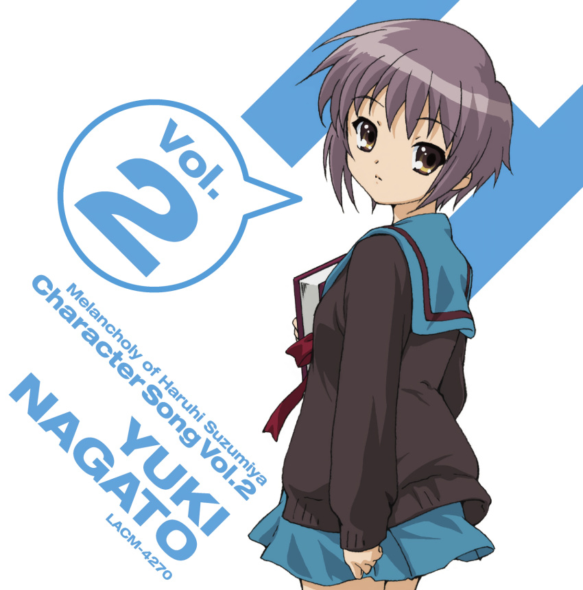 1girl album_cover blue_sailor_collar blue_skirt book brown_cardigan brown_eyes cardigan cover h highres ikeda_shouko kita_high_school_uniform looking_back nagato_yuki official_art purple_hair sailor_collar school_uniform short_hair skirt solo suzumiya_haruhi_no_yuuutsu white_background