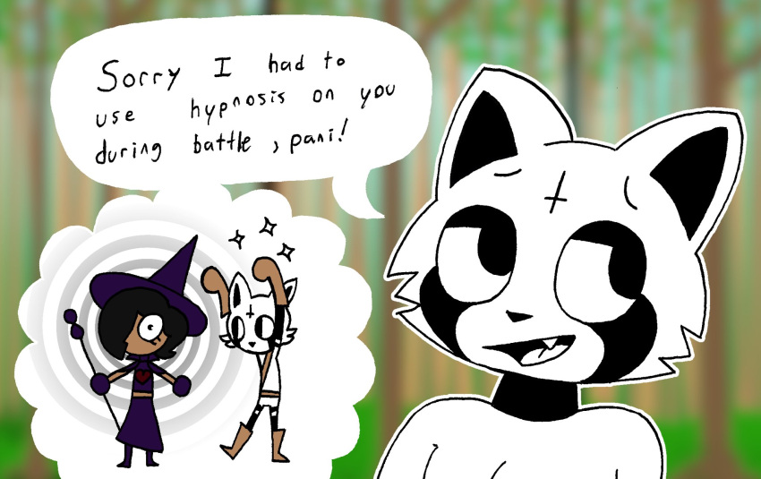 anthro black_body clothed clothing dialogue duo english_text forest hat headgear headwear hi_res human hypnosis looking_away male mammal mind_control multicolored_body plant procyonid raccoon rex_raccoon_(rexon02) rexon02 speech_bubble text tree two_tone_body white_body wizard_hat