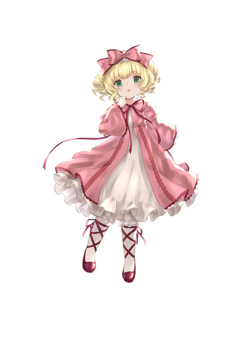 1girl absurdres bangs blonde_hair bow dress drill_locks full_body green_eyes hair_bow highres hina_ichigo looking_at_viewer majinno open_mouth pink_bow pink_dress rozen_maiden short_hair simple_background socks solo white_background white_socks