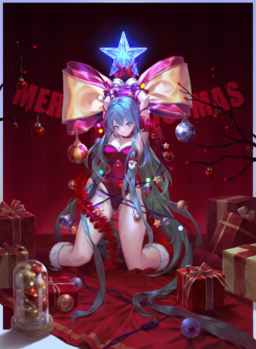 1girl absurdly_long_hair arms_up bangs blue_eyes blue_hair boots border bound bound_arms bow branch breasts choker christmas christmas_lights christmas_ornaments cleavage closed_mouth commentary english_commentary english_text full_body fur-trimmed_boots fur-trimmed_gloves fur-trimmed_leotard fur_trim gift gloves grey_border hair_between_eyes highleg highleg_leotard highres kneeling leotard long_hair looking_at_viewer medium_breasts merry_christmas original outside_border red_choker red_footwear red_gloves red_leotard solo star_(symbol) strapless strapless_leotard very_long_hair yuho_kim