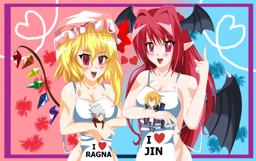 apron aqua_eyes bad_id bad_pixiv_id bat bat_wings beret blazblue blonde_hair blue_eyes breasts cleavage crossover doll eien_no_kurayami flandre_scarlet hat heterochromia highres japanese_clothes jin_kisaragi koakuma m.u.g.e.n medium_breasts military military_uniform multiple_girls naked_apron pointy_ears ragna_the_bloodedge red_eyes red_hair ribbon silver_hair touhou uniform wings