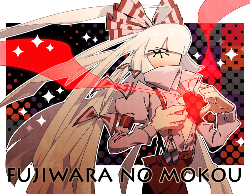arm_strap bow character_name covering_one_eye denim2 fujiwara_no_mokou hair_bow long_hair no_mouth no_nose one-eyed open_clothes open_shirt red_eyes scarf shirt solo sparkle suspenders touhou unbuttoned white_hair
