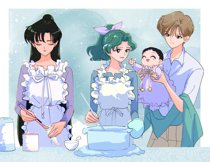 4girls aged_down apron bangs bishoujo_senshi_sailor_moon black_hair blonde_hair blush bottle bowl closed_eyes collared_shirt cooking cowboy_shot dress frilled_apron frills green_background green_hair green_shirt grey_pants hair_between_eyes hair_ribbon half_updo holding holding_baby holding_spoon kaiou_michiru long_hair looking_at_another meiou_setsuna milk_bottle multiple_girls namisonpictures open_mouth outstretched_hand oven_mitts pants parted_bangs ponytail purple_dress purple_ribbon purple_shirt ribbon shirt short_hair smile spoon straight_hair ten'ou_haruka tomoe_hotaru wavy_hair white_apron white_shirt