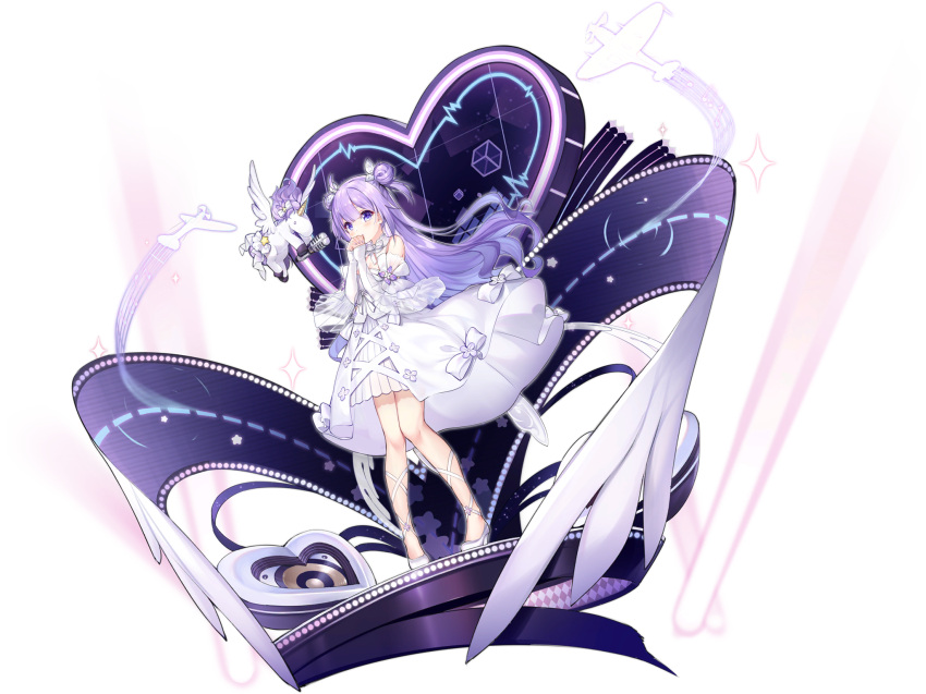 1girl ahoge azur_lane bangs blush bow breasts covering_mouth double_bun dress flight_deck hair_bun hair_ribbon high_heels highres idol interlocked_fingers kaede_(yumesaki_kaede) long_hair looking_at_viewer official_alternate_costume official_art own_hands_together purple_eyes purple_hair ribbon rigging speaker stuffed_animal stuffed_toy unicorn_(angelic_night)_(azur_lane) unicorn_(azur_lane) very_long_hair white_dress wings