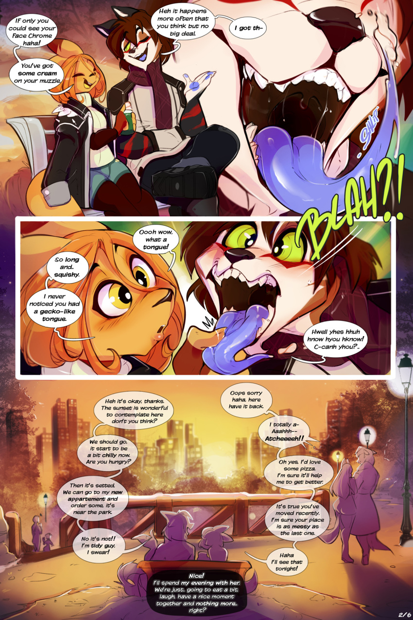 anthro bodily_fluids canid canine clothed clothing comic dialogue duo english_text female hi_res kangaroo long_tongue macropod male mammal marsupial outside saliva sitting spirale spirale_(character) text tongue