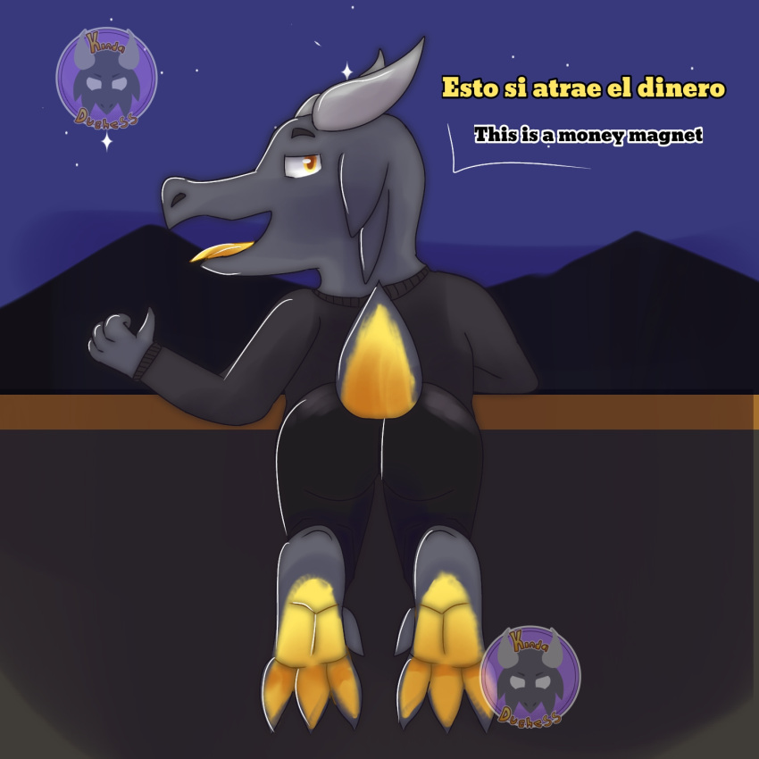 anthro black_body black_clothing butt clothing dragon english_text eyebrows feet female hi_res horn kinda_(kinda_duchess) night paws short_tail sky solo spanish_text text tongue yellow_body yellow_eyes