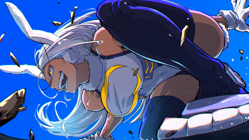 1girl absurdres animal_ear_fluff animal_ears animal_feet backlighting bangs blue_background blue_sky blue_thighhighs blurry boku_no_hero_academia breasts chromatic_aberration constricted_pupils convenient_leg crescent_print dark-skinned_female dark_skin depth_of_field excited forehead fur-trimmed_collar gloves gradient_hair grin ground_shatter highres landing large_breasts leotard long_eyelashes long_hair looking_afar mirko multicolored_hair muscular muscular_female open_mouth parted_bangs rabbit_ears rabbit_tail rock segawa_ryuu sidelocks simple_background sky smile solo superhero superhero_landing tail thighhighs thighs toned vector_trace very_long_hair white_gloves white_leotard wind yellow_eyes