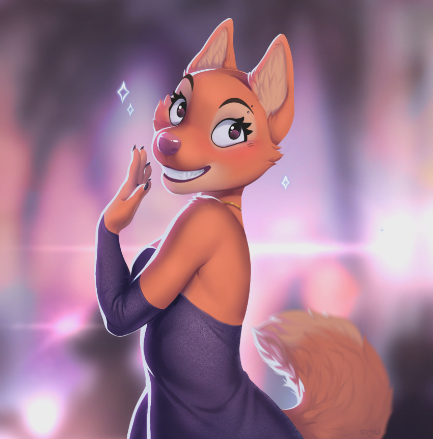 2022 5_fingers anthro breasts canid canine clothed clothing digital_media_(artwork) dress eyebrows eyelashes female fingers fur hi_res mammal smile smileeeeeee solo standing