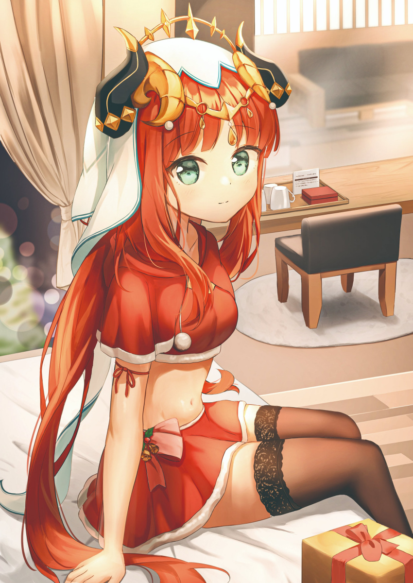 1girl absurdres alternate_costume aqua_eyes arm_ribbon bangs bed black_thighhighs bow box breasts chair christmas closed_mouth crop_top curtains feet_out_of_frame from_side genshin_impact gift gift_box highres horns indoors lace-trimmed_legwear lace_trim long_hair looking_at_viewer low_twintails namoho82 navel nilou_(genshin_impact) on_bed parted_bangs pom_pom_(clothes) red_bow red_ribbon red_shirt red_skirt ribbon santa_costume shirt short_sleeves sidelocks sitting skirt small_breasts smile solo stomach table thighhighs thighs twintails veil very_long_hair white_headwear zettai_ryouiki