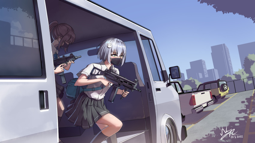 2022 2girls absurdres aqua_bag bangs black_mask black_socks blue_sky brown_hair building car car_interior carrying_bag collared_shirt covered_eyes covered_mouth dated day english_commentary feet_out_of_frame foregrip grey_skirt ground_vehicle gun h&amp;k_ump hair_ornament highres holding holding_gun holding_weapon imi_uzi kaungmyat_naing looking_ahead mask motor_vehicle mouth_mask multiple_girls open_door original outdoors parking_lot pickup_truck pleated_skirt ponytail rear-view_mirror reflection shadow shirt short_hair short_sleeves signature skirt sky sliding_doors socks submachine_gun trigger_discipline truck two_side_up van vehicle_interior vertical_foregrip weapon white_hair white_shirt yellow_eyes