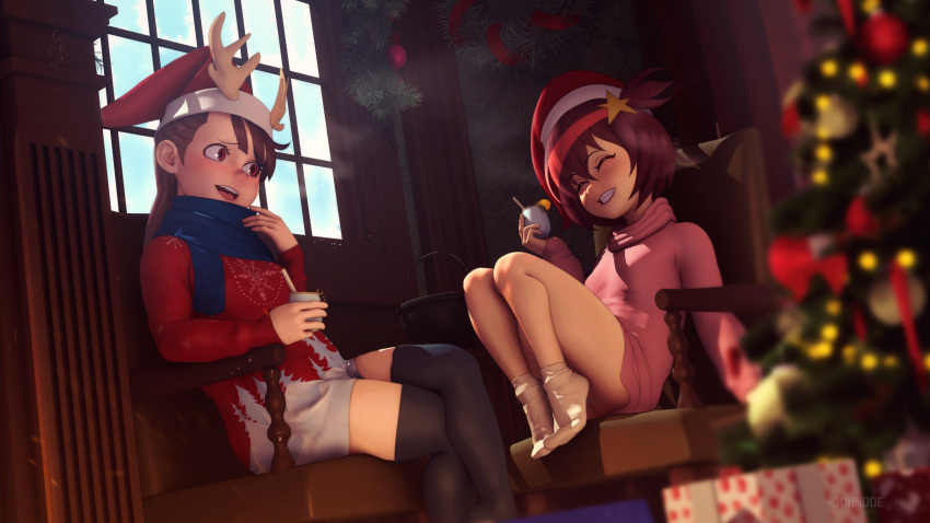 2girls absurdres alternate_costume bangs blue_scarf brown_hair christmas christmas_tree closed_eyes company_connection crossover cup dress fur-trimmed_headwear fur_trim gift grin hat highres holding holding_cup indoors john_doe kagari_atsuko little_witch_academia luluco medium_hair multiple_girls pink_sweater red_eyes red_headwear red_sweater santa_hat scarf short_hair side_ponytail smile steam sweater sweater_dress teeth thighhighs uchuu_patrol_luluco window