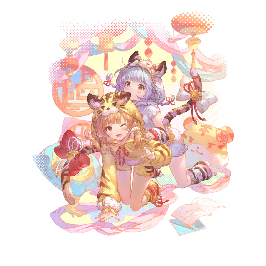 2girls alpha_transparency animal_ears bai_(granblue_fantasy) bangs barefoot biting blonde_hair blush bow braid ear_biting erune fang full_body granblue_fantasy grey_hair huang_(granblue_fantasy) long_sleeves low_twintails minaba_hideo multiple_girls official_art one_eye_closed open_mouth red_bow siblings sisters tail tail_bow tail_ornament tiger_ears tiger_girl tiger_tail transparent_background twin_braids twins twintails white_bow