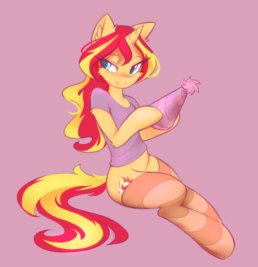 blonde_hair blue_eyes blush bottomless clothed clothing cutie_mark digital_media_(artwork) equestria_girls equid equine eyelashes fajeh female friendship_is_magic hair hasbro hat headgear headwear hi_res holding_object horn inner_ear_fluff legwear mammal multicolored_hair my_little_pony orange_body party_hat pink_background red_hair red_tail semi-anthro shirt simple_background smile solo stockings sunset_shimmer_(eg) topwear tuft two_tone_hair two_tone_tail unicorn unicorn_horn yellow_tail