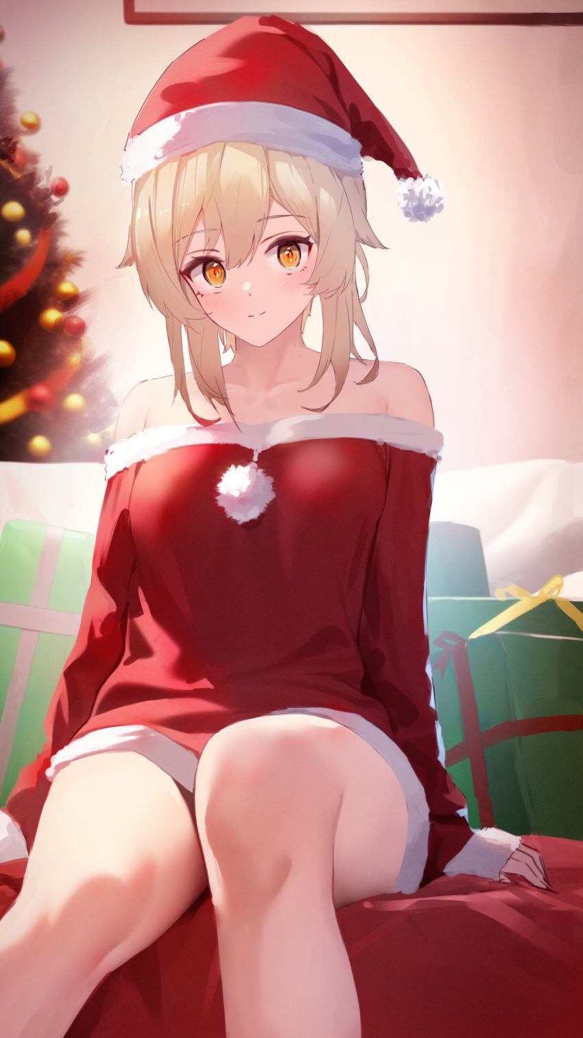 1girl alternate_costume bangs bare_shoulders blonde_hair blush box breasts christmas christmas_present christmas_tree closed_mouth dress feet_out_of_frame fur-trimmed_dress fur-trimmed_headwear fur_trim genshin_impact gift gift_box hat highres indoors long_sleeves looking_at_viewer lumine_(genshin_impact) medium_breasts off-shoulder_dress off_shoulder pom_pom_(clothes) red_dress red_headwear santa_costume santa_hat short_dress short_hair_with_long_locks sitting sleeves_past_wrists smile solo tanaka212 thighs yellow_eyes