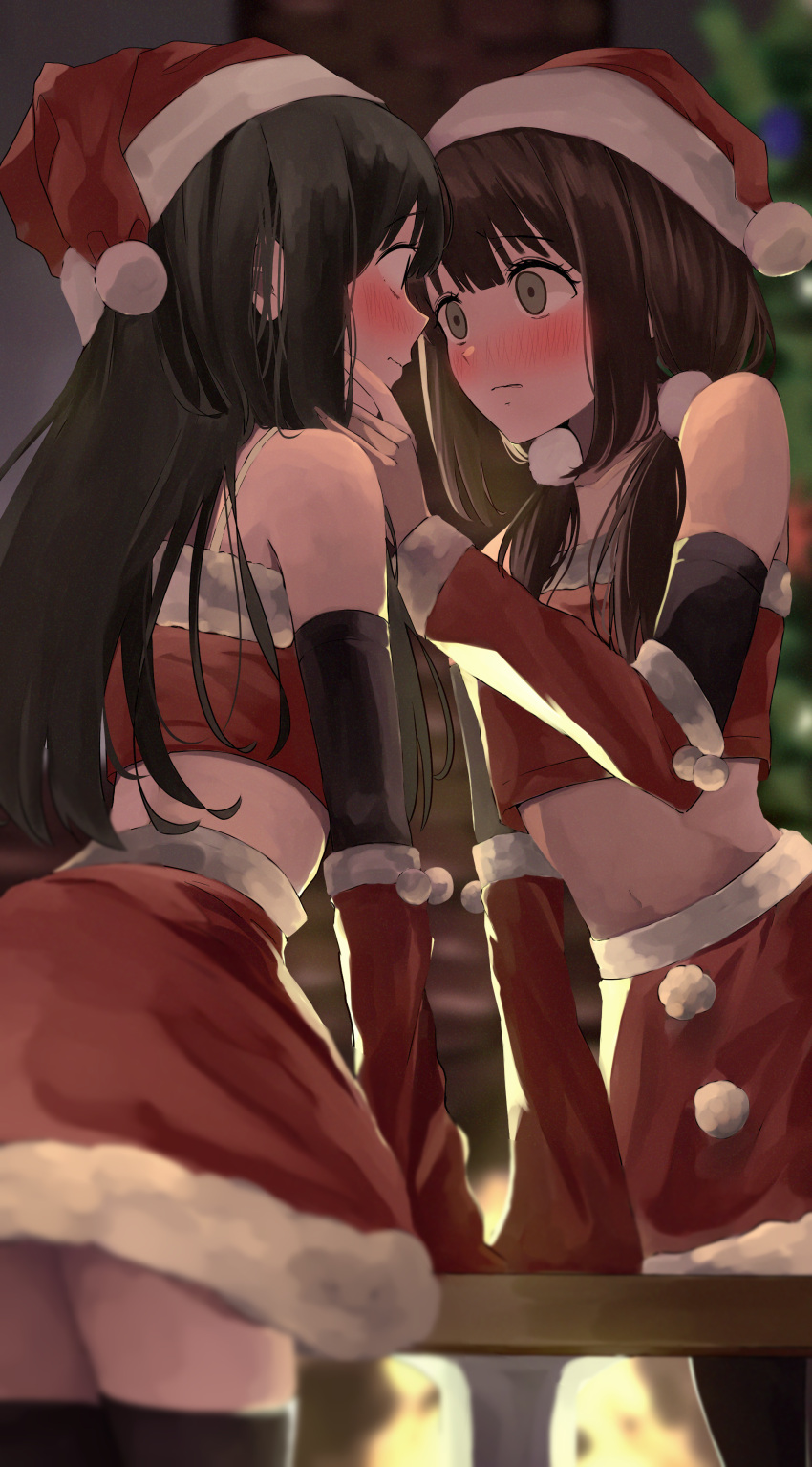 2girls absurdres arisugawa_bii black_hair blurry blurry_background blush brown_hair christmas closed_mouth commentary_request eye_contact grey_eyes hat highres long_hair looking_at_another low_twintails midriff multiple_girls navel original red_headwear red_skirt red_sleeves santa_hat skirt twintails yuri