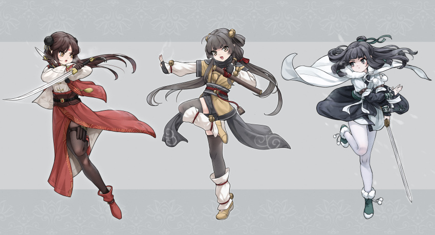 3girls :d absurdres bell black_gloves black_hair black_pantyhose black_thighhighs boots brown_eyes brown_footwear chinese_clothes commentary_request fingerless_gloves gloves grey_background grey_eyes highres holding holding_sword holding_weapon japanese_clothes jingle_bell kimono long_sleeves multiple_girls obi original outstretched_arm pantyhose puffy_long_sleeves puffy_sleeves red_footwear red_skirt sash shirt shoes short_eyebrows skirt smile standing standing_on_one_leg sword thick_eyebrows thighhighs tonfa too-ye v-shaped_eyebrows weapon white_kimono white_pantyhose white_shirt
