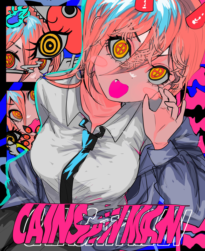 1girl absurdres black_necktie blue_jacket chainsaw_man collared_shirt copyright_name cross-shaped_pupils detached_eyes fang hair_between_eyes highres horns jacket jacket_partially_removed long_hair looking_at_viewer momae_makku necktie open_mouth orange_eyes pink_hair power_(chainsaw_man) red_horns ringed_eyes shirt solo symbol-shaped_pupils white_shirt yellow_eyes