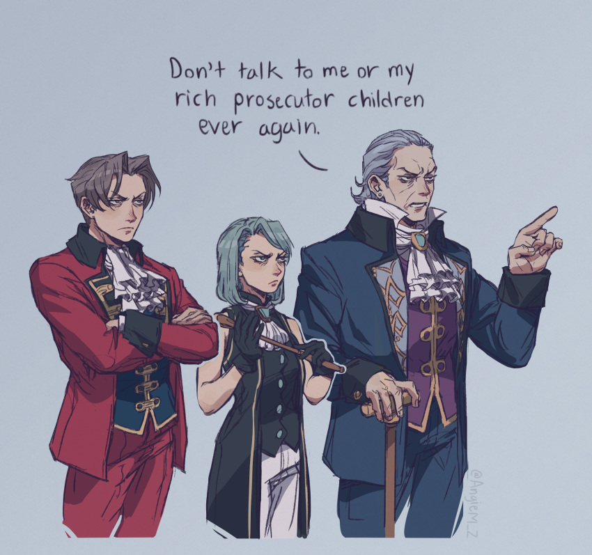 1girl 2boys absurdres ace_attorney angie_m ascot blue_eyes blue_hair english_commentary english_text formal franziska_von_karma gloves grey_background grey_eyes grey_hair hair_intakes highres holding jacket jewelry long_sleeves male_focus manfred_von_karma miles_edgeworth multiple_boys necktie open_mouth pants red_jacket shirt short_hair simple_background suit whip white_hair