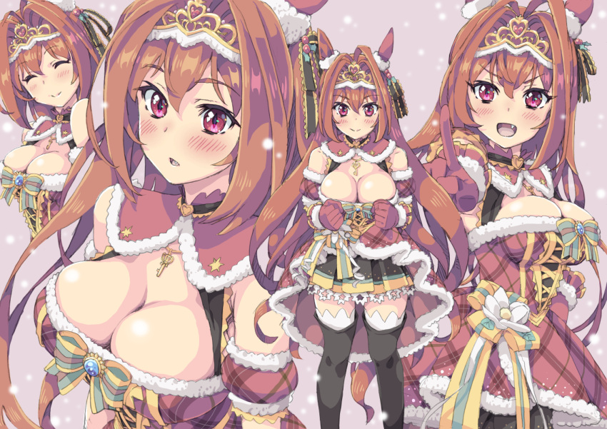 1girl animal_ears black_thighhighs blush breasts brown_hair cleavage clenched_hands commentary_request daiwa_scarlet_(scarlet_nuit_etoile)_(umamusume) daiwa_scarlet_(umamusume) fang fur-trimmed_gloves fur_trim gloves grey_background hair_intakes homing_(areya) horse_ears horse_girl illuminate_the_heart_(umamusume) index_finger_raised jewelry key_necklace large_breasts long_hair looking_at_viewer multiple_views necklace parted_lips red_eyes red_gloves smile solo thighhighs tiara umamusume