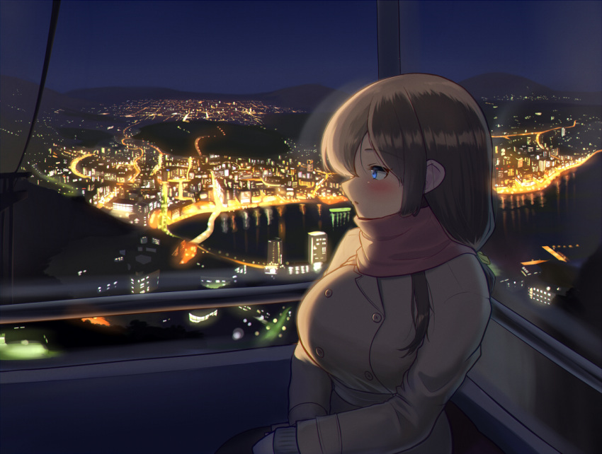 1girl bangs black_hair blue_eyes blush building buttons cable_car city_lights cityscape coat commentary_request double-breasted long_hair maku_ro mountainous_horizon night original parted_lips scenery sidelocks sitting skyline skyscraper solo winter_clothes winter_coat