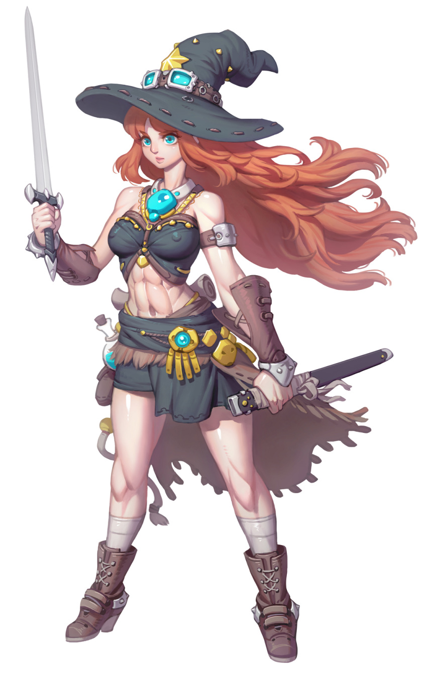 1girl abs boots bracer breasts covered_nipples goggles goggles_on_head green_eyes hat highres holding holding_sword holding_weapon long_hair muscular muscular_female ninten_link original potion red_hair scabbard sheath simple_background skirt sword toned weapon white_background witch_hat