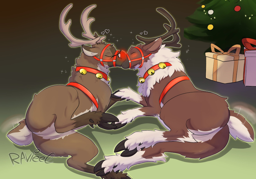 &lt;3 after_transformation antlers bell bell_harness belly bent_legs blush blush_lines brown_body brown_fur capreoline christmas christmas_lights christmas_ornament christmas_tree collar deer duo eyes_closed eyewear feral fluffy fur gift glasses glowing glowing_nose gradient_background harness hi_res holidays hooves horn jingle_bell jingle_bell_collar jingle_bell_harness kissing lights lying magic male mammal neck_tuft on_side ornament plant ravieel reindeer simple_background snout sparkles species_transformation transformation transformation_through_magic tree tuft white_belly white_body white_fur