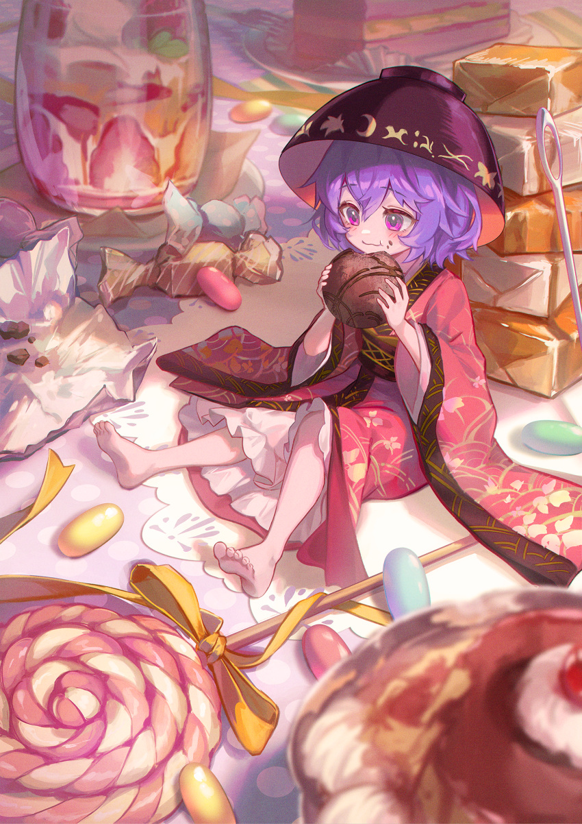 1girl :t bangs barefoot blush bowl bowl_hat cake cake_slice candy candy_wrapper chocolate closed_mouth commentary cup eating floral_print food food_on_face fork full_body hair_between_eyes hat highres holding holding_food japanese_clothes kimono knee_up kyusoukyu lollipop looking_ahead minigirl needle obi petticoat plate purple_eyes purple_hair sash sitting soles sukuna_shinmyoumaru toes touhou wide_sleeves