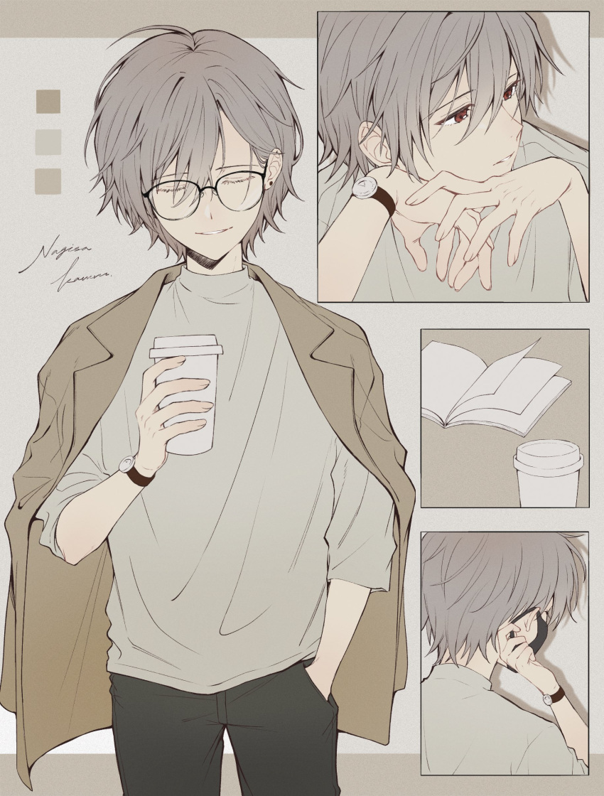 absurdres ahoge bangs book brown_outline coffee_cup commentary commentary_request cup disposable_cup eva_suzuri glasses hair_between_eyes hand_in_pocket head_on_hand highres jacket jacket_on_shoulders long_sleeves mask messy_hair mouth_mask nagisa_kaworu neon_genesis_evangelion open_book red_eyes shirt short_hair smile solo watch wristwatch