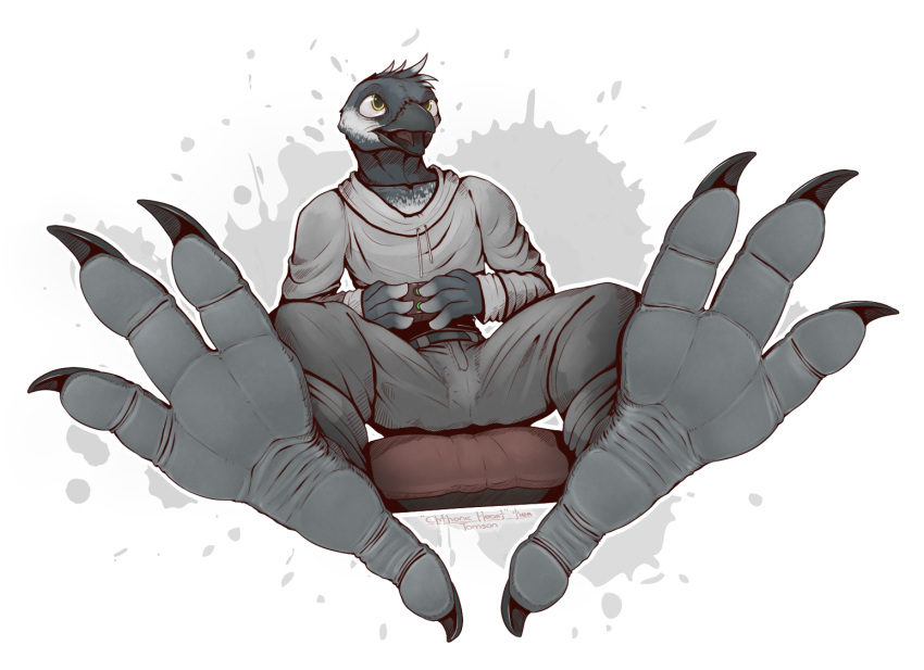 anthro avian barefoot beak bird claws clothed clothing feet foot_fetish foot_focus kredri looking_at_viewer male open_mouth paws simple_background soles solo toe_claws toes