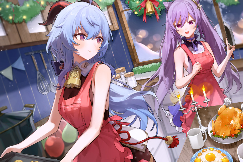 2girls :d ahoge apple apron bangs bare_arms bare_shoulders bell blue_hair blush candle candlestand chicken_(food) commentary cone_hair_bun cup dutch_angle food fruit g_li ganyu_(genshin_impact) genshin_impact hair_between_eyes hair_bun highres holding holding_knife horns indoors keqing_(genshin_impact) knife multiple_girls open_mouth purple_eyes purple_hair red_apron sleeveless smile whisk