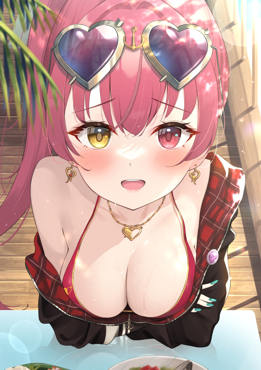 1girl :o absurdres bangs bikini black_jacket blush bottle breasts cleavage earrings eyewear_on_head from_above halterneck heart heart-shaped_eyewear heart_earrings heart_necklace heterochromia highres hololive houshou_marine jacket jewelry large_breasts long_hair looking_at_viewer looking_up mugino0515 nail_polish necklace official_alternate_costume ponytail red_bikini red_eyes red_hair red_nails solo sunglasses swimsuit upper_body virtual_youtuber wooden_floor yellow_eyes