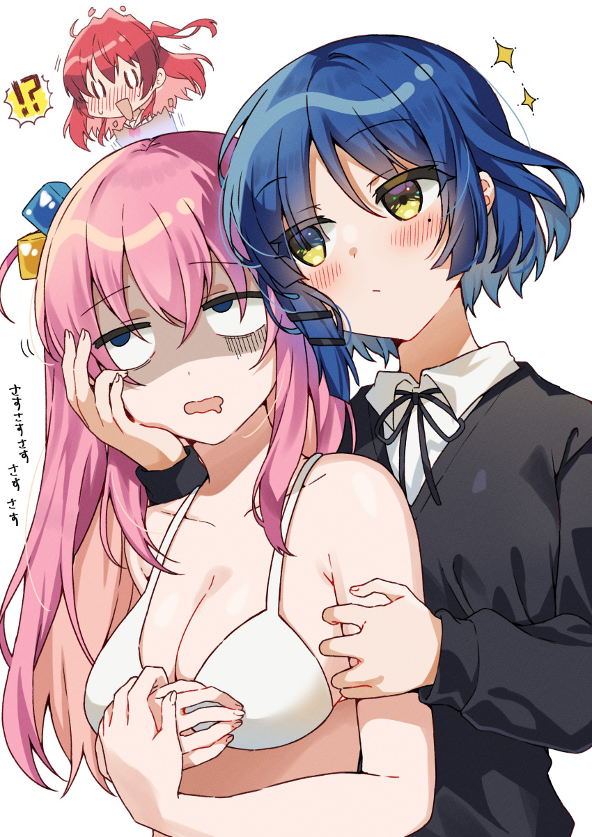 !? 3girls absurdres blue_hair blush bocchi_the_rock! bra breasts cleavage gotou_hitori half-closed_eyes hand_on_another's_face highres kita_ikuyo medium_breasts multiple_girls open_mouth pink_hair red_hair thought_bubble underwear white_bra yam_(yamap_mako) yamada_ryou yuri