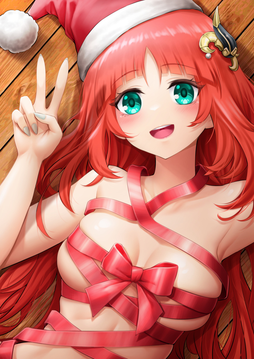 1girl :d alternate_costume arm_up armpits bangs blunt_bangs bow breasts christmas commentary_request fingernails from_above genshin_impact green_eyes hair_ornament hand_up hat highres long_fingernails looking_at_viewer lying medium_breasts naked_ribbon nilou_(genshin_impact) on_back on_floor open_mouth parted_bangs pom_pom_(clothes) red_bow red_hair red_headwear red_ribbon ribbon royboy santa_hat sidelocks skindentation smile teeth twintails upper_body upper_teeth_only v wooden_floor