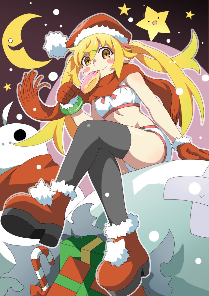 1girl black_thighhighs blonde_hair blush_stickers capelet christmas crescent_moon crossed_legs doughnut eating food gesugesu_ahoaho gloves hair_between_eyes hat highres long_hair looking_at_viewer midriff monogatari_(series) moon mouth_hold oshino_shinobu red_capelet red_footwear red_gloves red_headwear red_scarf santa_hat scarf sitting snowman solo star_(symbol) thighhighs yellow_eyes