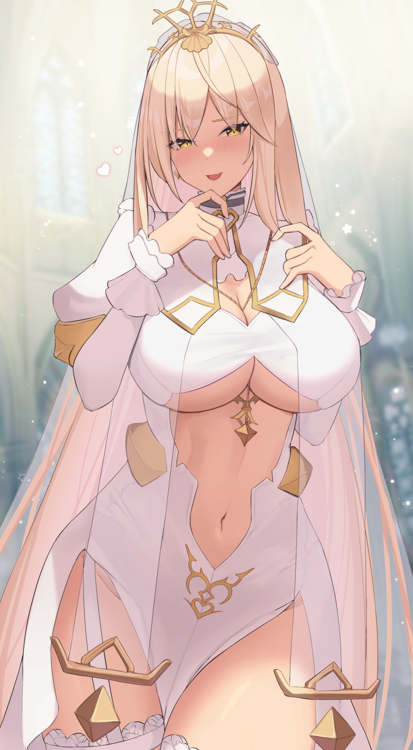 1girl absurdres bangs between_breasts between_thighs blonde_hair blush breasts center_opening cleavage cleric contrapposto cowboy_shot fang garter_straps gold hair_between_eyes highres jewelry large_breasts layered_sleeves long_hair long_sleeves looking_at_viewer navel necklace nijisanji no_panties nui_sociere official_alternate_costume open_mouth pelvic_curtain puffy_short_sleeves puffy_sleeves short_over_long_sleeves short_sleeves side_slit skin_fang smile solo thighhighs tiara underboob veil very_long_hair virtual_youtuber wabimochi white_thighhighs yellow_eyes