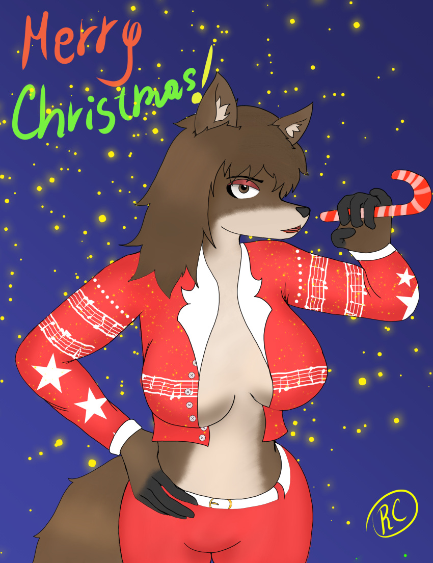 absurd_res anthro bedroom_eyes black_fingers brown_body brown_fur brown_hair candy candy_cane canid canine canis christmas clothed clothing dessert female food fur gradient_background hair hi_res holidays long_hair looking_at_viewer lucypher_(xdreamers) makeup mammal narrowed_eyes rcblackdie seductive simple_background solo star text wolf xdreamers_(series)