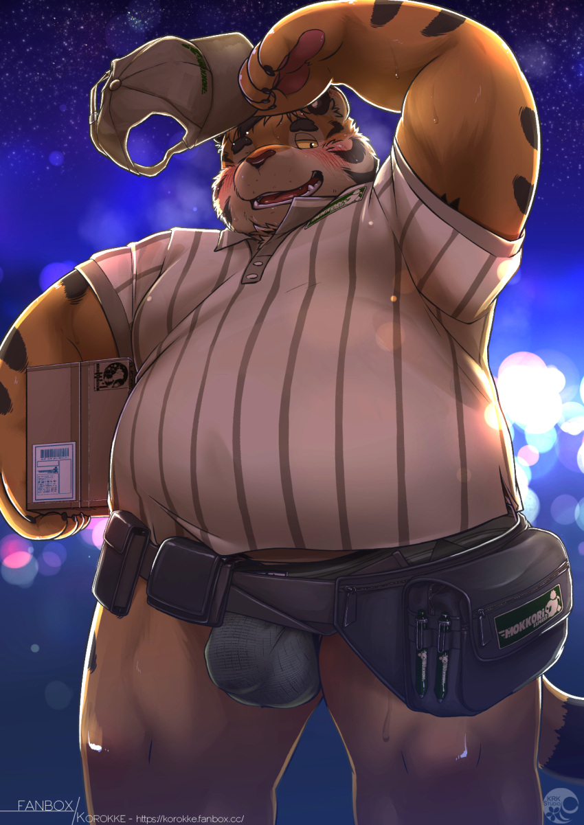 2022 anthro belly big_belly blush bodily_fluids bulge clothing delivery_(commerce) delivery_employee felid hat headgear headwear hi_res kemono korokke male mammal overweight overweight_male pantherine shirt solo sweat tiger topwear underwear