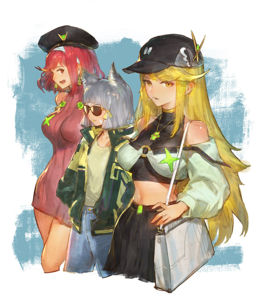 3girls adapted_costume animal_ears bag blonde_hair candy casual cat_ears crop_top cropped_legs daible denim dress earrings facial_mark food grey_hair handbag hands_in_pockets hat highres jacket jeans jewelry lollipop long_hair looking_at_viewer multiple_girls mythra_(xenoblade) nia_(xenoblade) pants pyra_(xenoblade) red_hair short_hair skirt sleeveless sleeveless_turtleneck smile sunglasses turtleneck turtleneck_dress very_long_hair whisker_markings xenoblade_chronicles_(series) xenoblade_chronicles_2