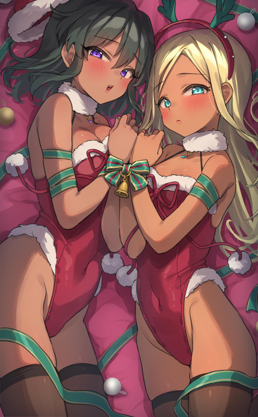 2girls animal_costume antlers aqua_eyes bare_shoulders black_hair black_thighhighs blonde_hair blush bound bound_wrists breasts christmas cleavage closed_mouth covered_navel dark-skinned_female dark_skin from_above fur-trimmed_headwear fur-trimmed_leotard fur_trim half-closed_eyes hat highres idolmaster idolmaster_cinderella_girls layla_(idolmaster) leotard long_hair looking_at_viewer lying multiple_girls natalia_(idolmaster) on_side open_mouth purple_eyes red_headwear red_leotard reindeer_antlers reindeer_costume ribbon santa_costume santa_hat short_hair smile thighhighs trente