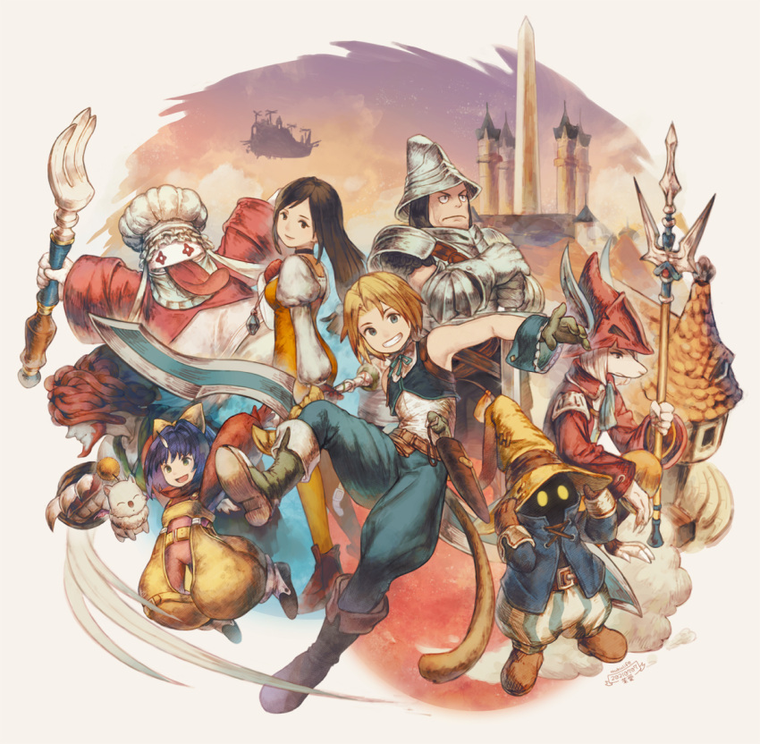 1other 4boys adelbert_steiner armor black_hair blonde_hair blue_eyes blue_hair bodysuit bow breasts brown_eyes choker closed_mouth cotelier eiko_carol final_fantasy final_fantasy_ix freija_crescent full_body garnet_til_alexandros_xvii gloves green_eyes hair_bow hat horns jewelry long_hair looking_at_viewer low-tied_long_hair moogle multiple_boys multiple_girls necklace open_mouth orange_bodysuit quina_quen ribbon salamander_coral short_hair single_horn smile sword tail vivi_ornitier weapon wings yellow_bow zidane_tribal