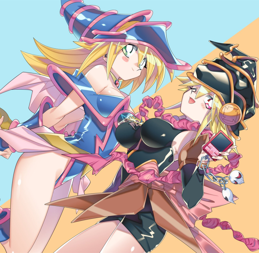 2girls bangs bare_shoulders blonde_hair blush blush_stickers breasts capelet cellphone chain closed_mouth collar commentary_request dark_magician_girl dress duel_monster gagaga_girl green_eyes hat highres holding long_hair looking_at_viewer medium_breasts misaka_(missa) multiple_girls one_eye_closed open_mouth pelvic_curtain phone purple_eyes shiny shiny_hair shiny_skin short_dress short_hair simple_background smile thighs vambraces wand wizard_hat yu-gi-oh! yu-gi-oh!_duel_monsters yu-gi-oh!_zexal